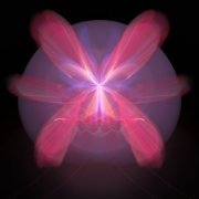 image representing well being: pink butterfly in front of a glowing orb with a blue shadow of a wolf or sentinel in the background