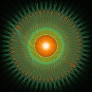 image representing imaginal lectures: green color egyptian like radial circles representing complex orbits or planets with orange light center